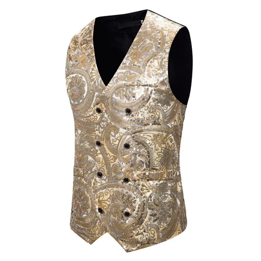 Мужской костюм с пайетками двубортный жилет для свадьбы жениха приталенный