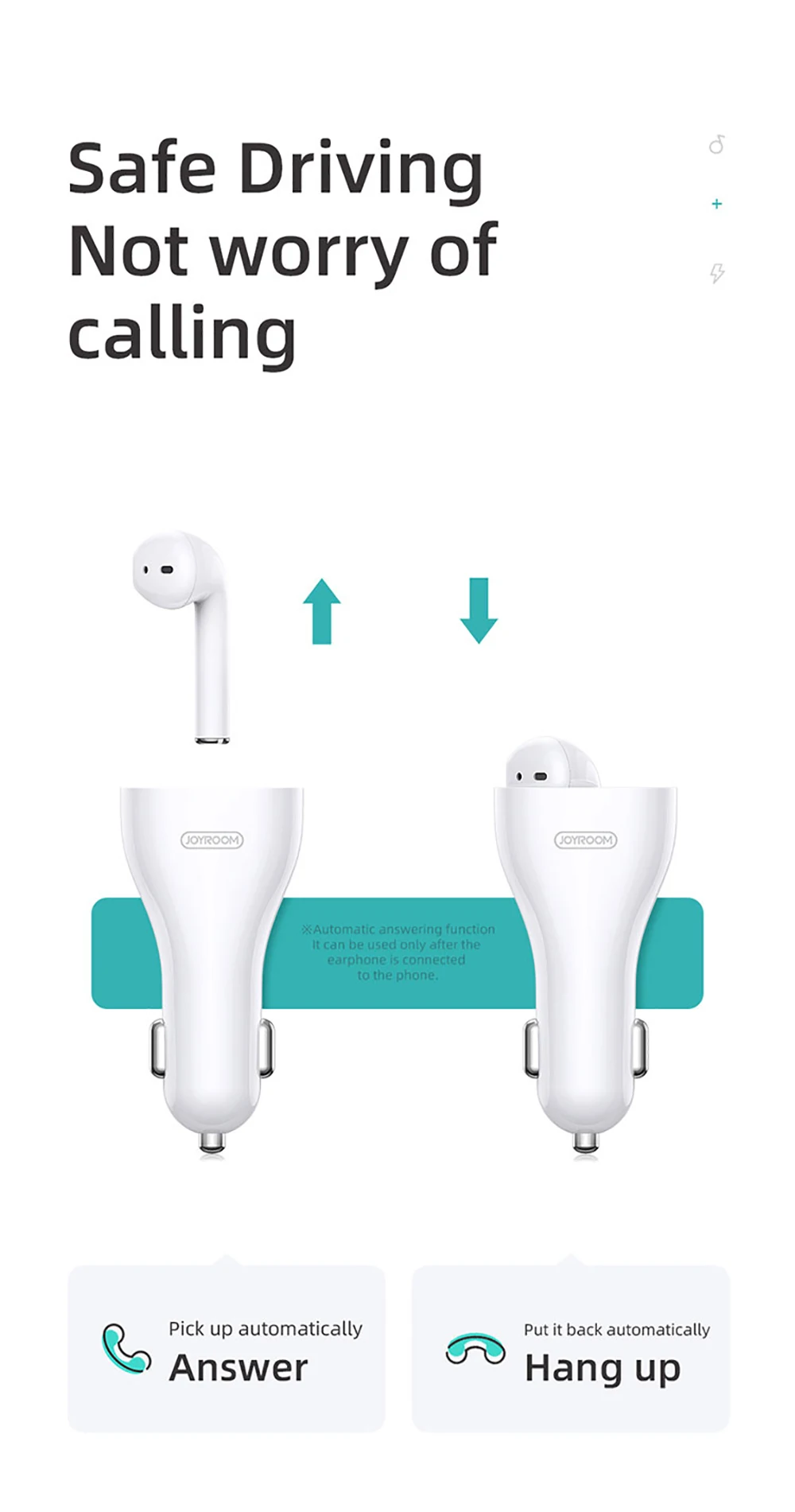 Joyroom JR-CP1, портативная маленькая Беспроводная стереогарнитура, в уши, usb, быстрое зарядное устройство для мобильного телефона, автомобильное зарядное устройство с Bluetooth, наушники