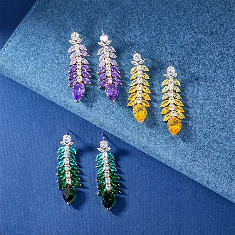 Colorful Cubic Zirconia Leaves Pendant Earrings for Women Luxury Jewelry Female Fashioin Feather Dangle Earrings