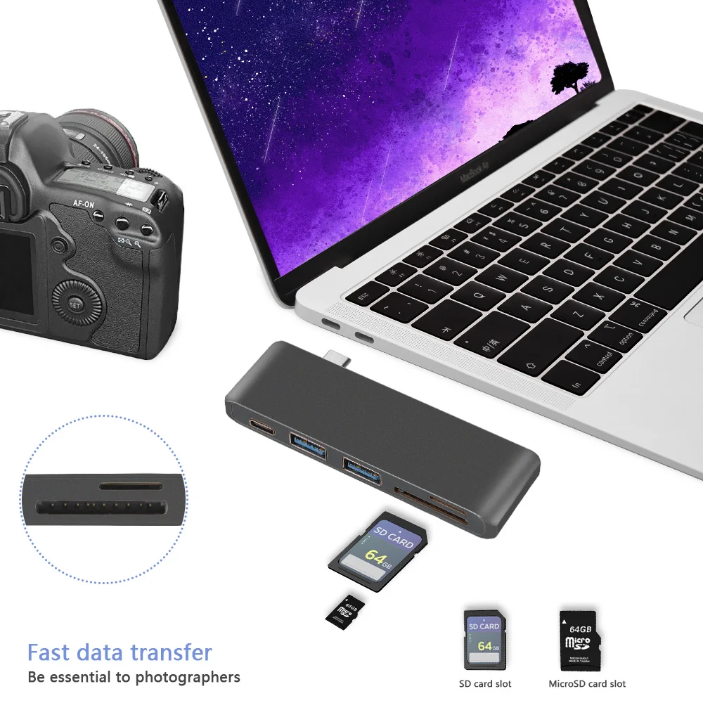 Redlai USB C концентратор для MacBook Air Pro Retina 13 дюймов /// Тип-C USB Hub адаптер с 2 портами(стандарт 3,0 Порты, PD, светодиодный дисплей, SD/TF Card Reader устройство чтения карт