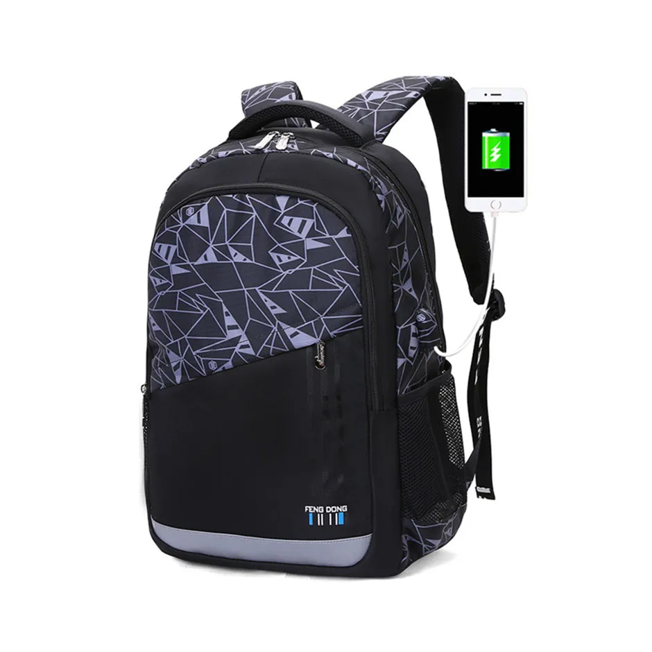 Fengdong brand teenage boys schoolbag big backpack usb bag student school bags for boys kids waterproof backpack school bookbag
