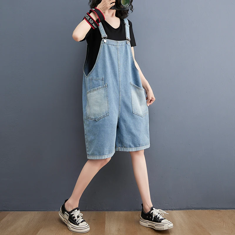 

Denim Jumpsuit Women's Summer New Style Simple High Waist Loose Large Size Solid Color Fashion Commuter Overalls Female Clothing