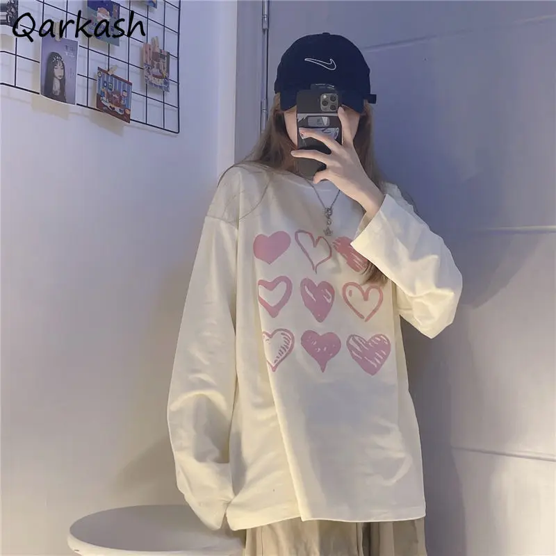 

Женские футболки с длинным рукавом, с принтом сердца, весенние, уютные, свободные, для отдыха, в стиле бойфренда