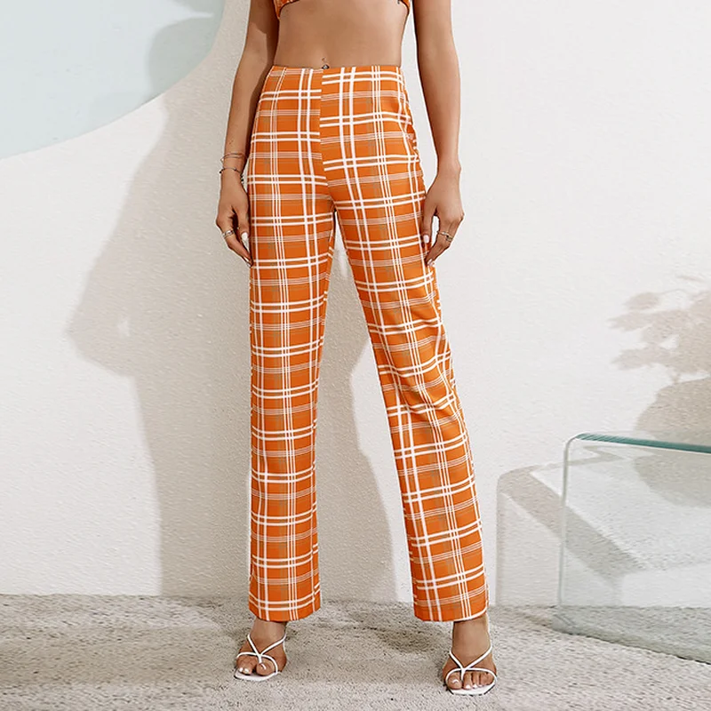 

Modern Orange Plaid Print Wide Leg Pants Push Up Mujer Pantalones High Waist Checked Trousers Straight Long Slacks for Women