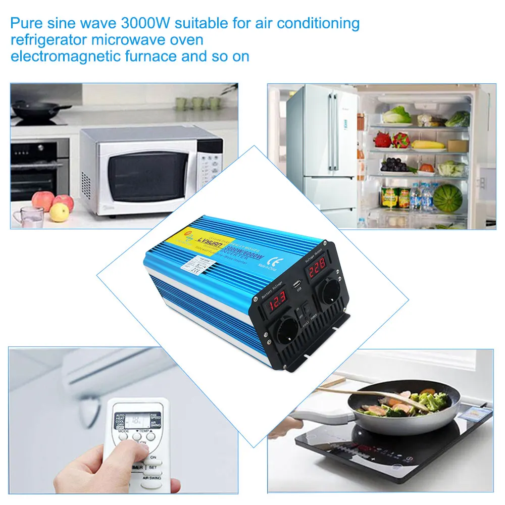

wireless power Inverter control 6000W with Dual LED Display pure sine wave DC 12V/24V TO AC110V-240V 3.1A USB Power inverter