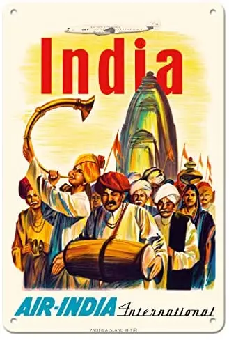 

India - Air India International - Indian Temple Procession Airline c.1960 Metal Tin Sign