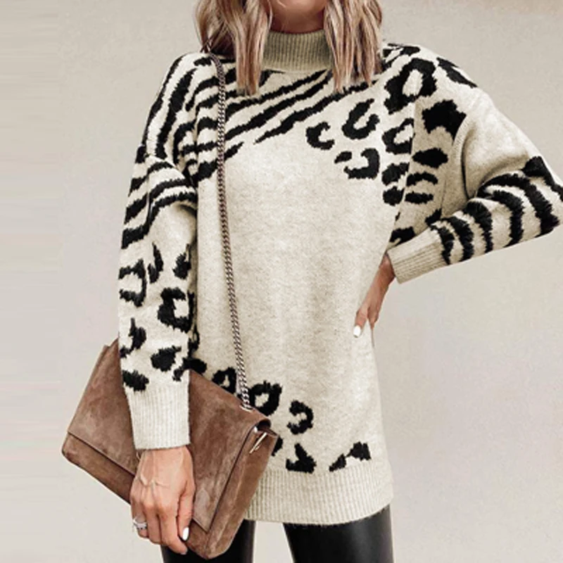 

Autumn Leopard Print Turtleneck Knitted Sweaters Elegant Winter Long Sleeve Knitted Sweater Fashion Casual Loose Sweater Jumper