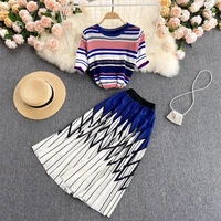 women print striped two piece set summer knitting short sleeve sweater pullover and long midi skirt 2pcs office work suit