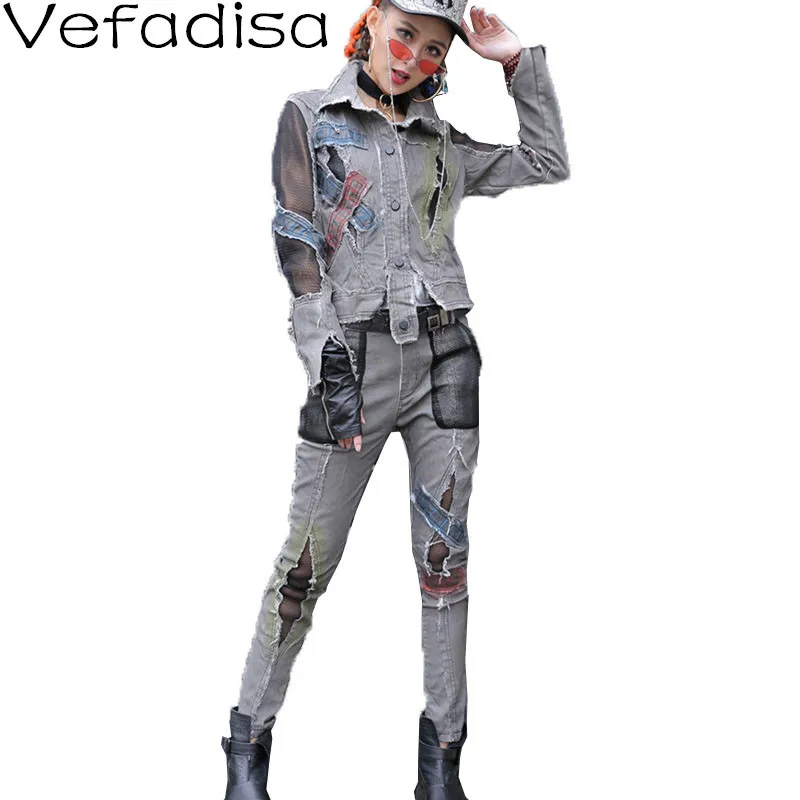 

Vefadisa Personality Gray Tie Dye Women Denim Set 2021 Autumn Fashion Mesh Patchwork Female Coat + Spliced Pencil Pants QYF5948