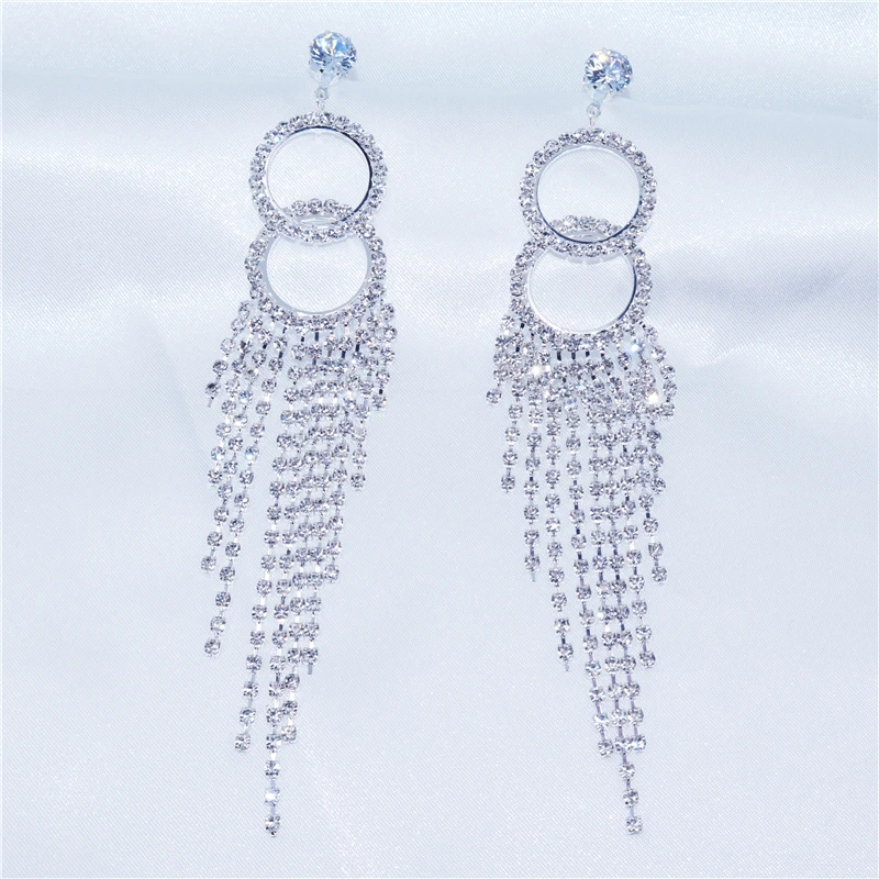 

New Silver Color Rhinestone Circle Drop Earrings Long Tassel Earrings for Women Bridal Dangling Brincos Wedding Party Jewelry