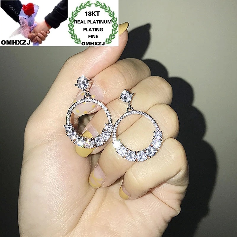 

OMHXZJ EA557 Wholesale European Fashion Woman Girl Party Birthday Wedding Gift Round AAA Zircon 18KT White Gold Stud Earrings