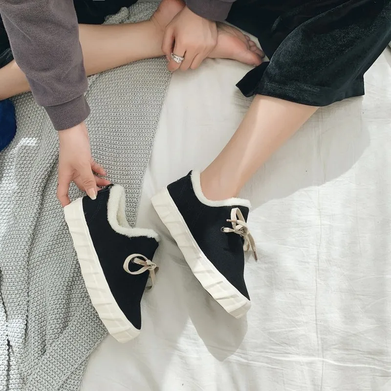 Осенне-зимние женские теплые хлопковые туфли с бантиком и помпоном короткие