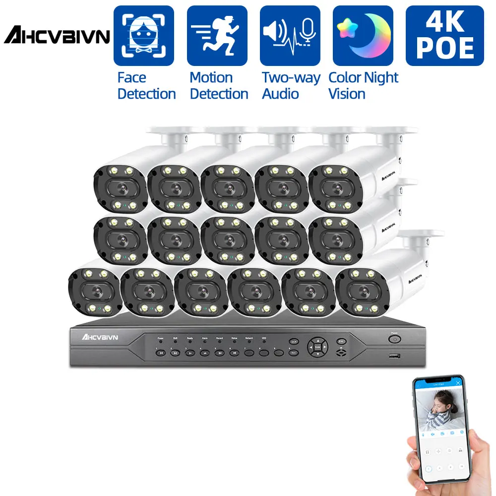 

AHCVBICN H.265 16ch POE NVR Kit CCTV Camera Security System 4k Outdoor Waterproof 5MP Color Night Vision Video Surveillance
