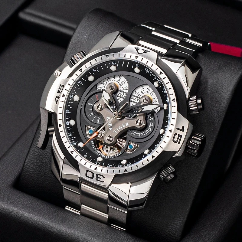 

Reef Tiger/RT New Stainless Steel Tourbillon Mechanical Automatic Men watches Brand Luxury Waterproof Watches Sapphire Watch men