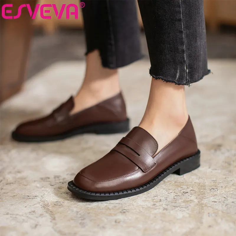 ESVEVA 2021 Women Pumps Square Low Heel Round Toe Shoes  Genuine Leather Slip on Western Style Platform 2.5cm Size 34-43