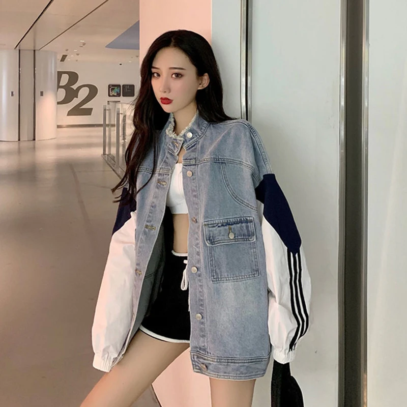 

Design Stitching Fried Street Denim Coat for Women Autumn and Winter All-Matching 2020 New Loose Korean Casual Top Fashion