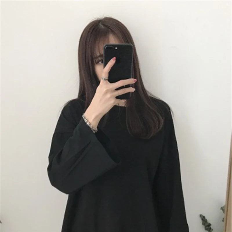 

2021опins yk2 spring autumn Korean version of solid colorround neck long-sleeved T shirt women loose top ђболка овеѬсайз tops