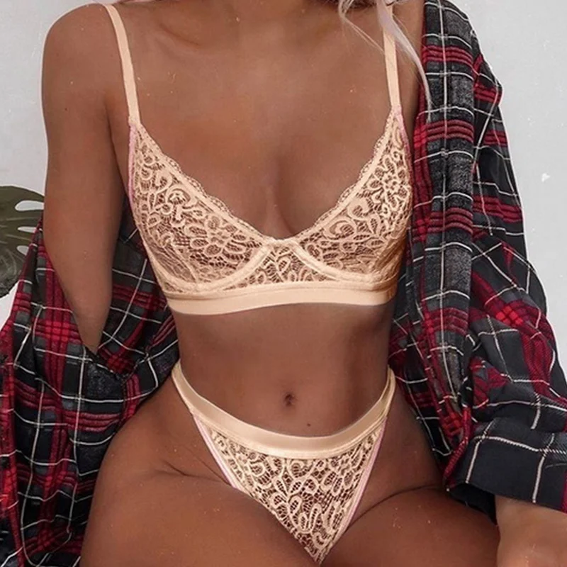 

ZZSYKD Women Bra Set Sexy Lingerie Crop Top Lace Transparent Bra Erotic Underwear Panties Set Blue Seamless Fitness Lingerie Set