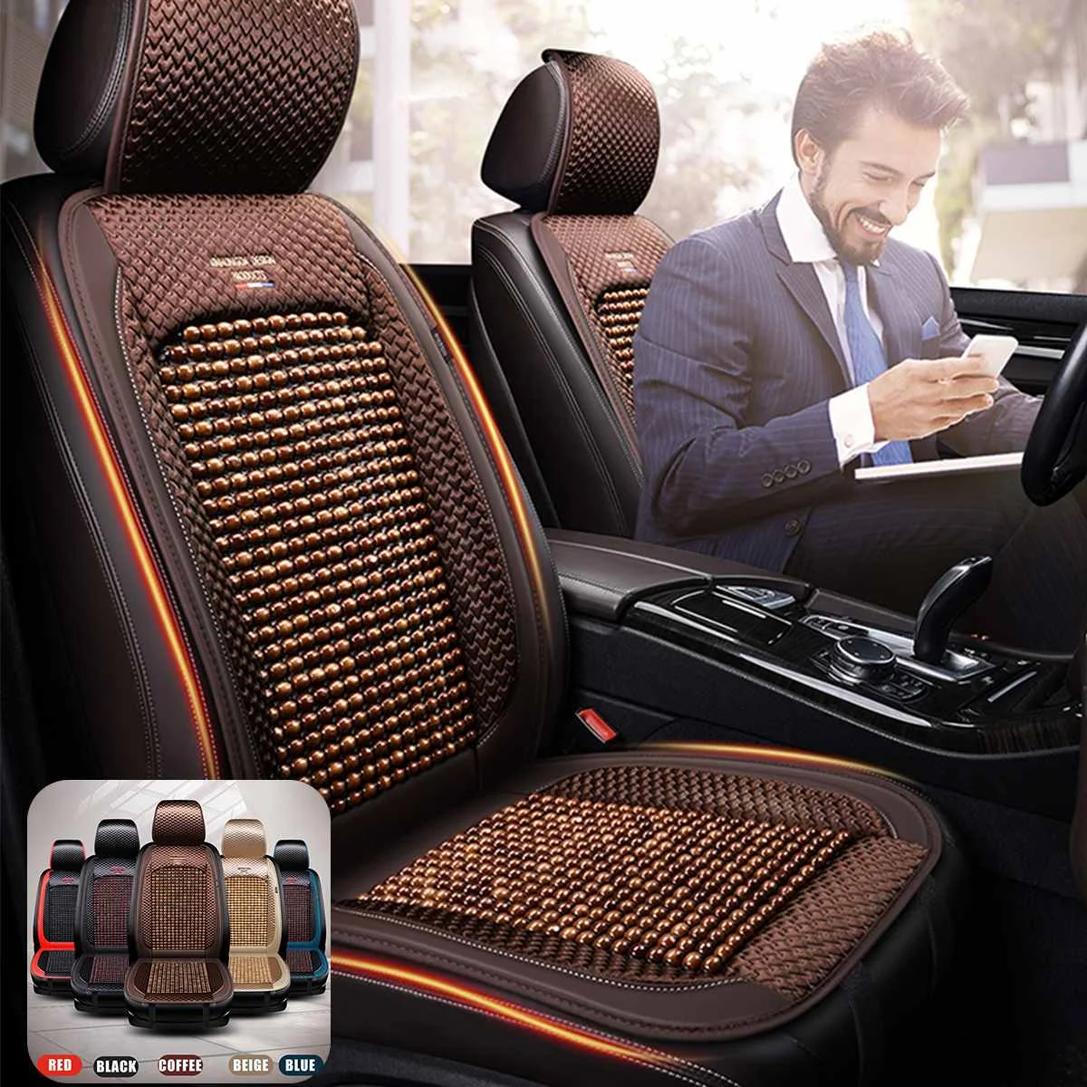Perlen Leder Bambus Auto Sitzbezüge Atmungsaktive Sommer Kühlung Auto Vordersitz Kissen Protector Universal