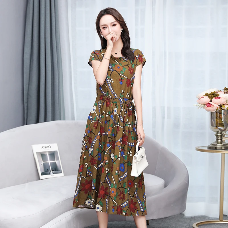 Women Long Slim Floral Print Dress XL- 6XL Middle-aged Ladies Short Sleeve Elegant Mother Cotton Female Vestidos Clothes | Женская