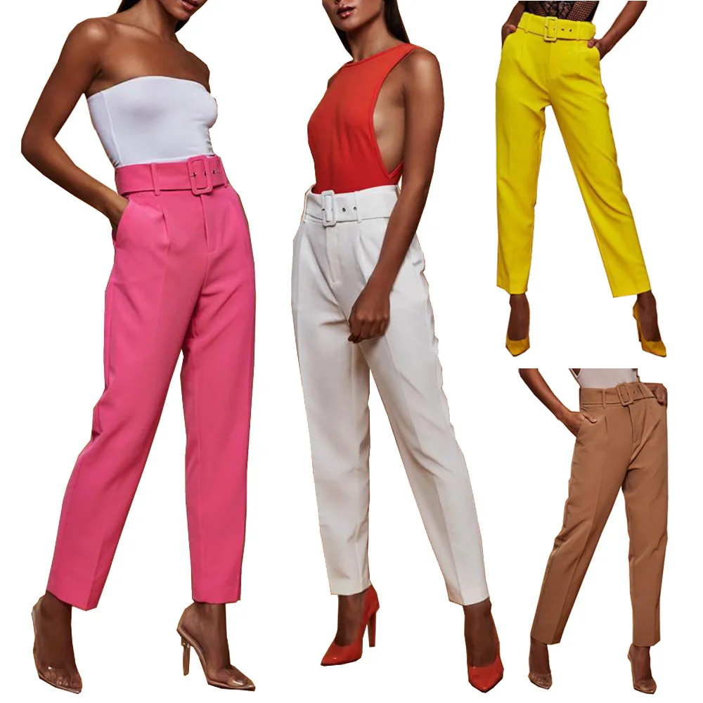 

New Ladies Casual Pants High Waist Pure Color Capri-Pants Straight Trousers-Containing Waistband Pantalones Mujer Cintura Alta