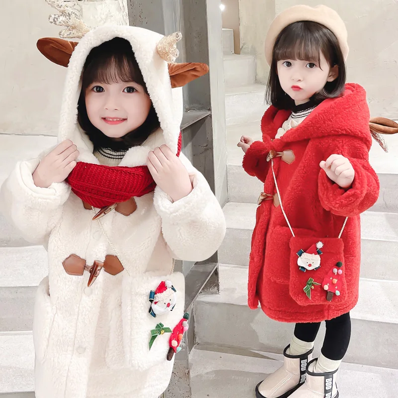 

2021 Christmas Winter Warm Girls Jacket Baby Fleece Coat for Girls Red Deer Pattern Toddler Outfit Children Outerwear 2 3 4 5 6Y