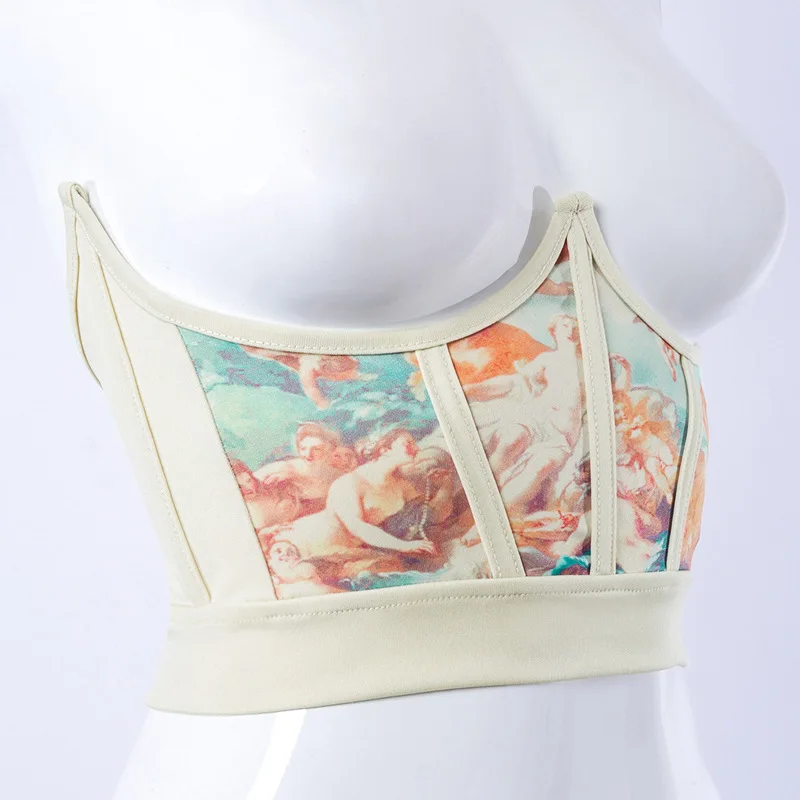 

2021 Women Dreamy Painting Floral Print Patchwork Girdle Lace High Stretch Elegant Ladies Fold Cummerbunds Crop Top