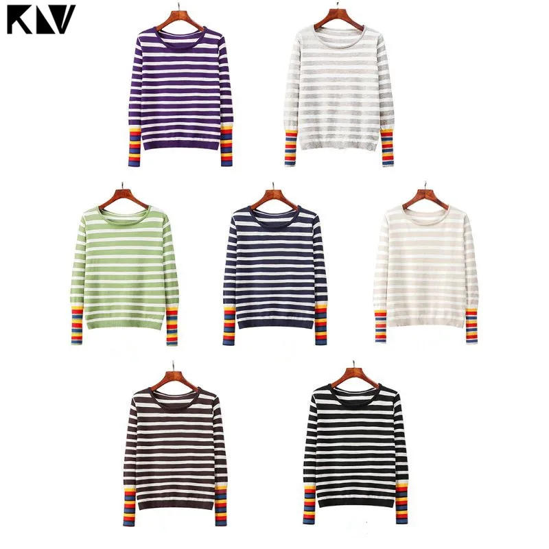 Женский Осенний вязаный свитер KLV с длинным рукавом и круглым вырезом полосатый