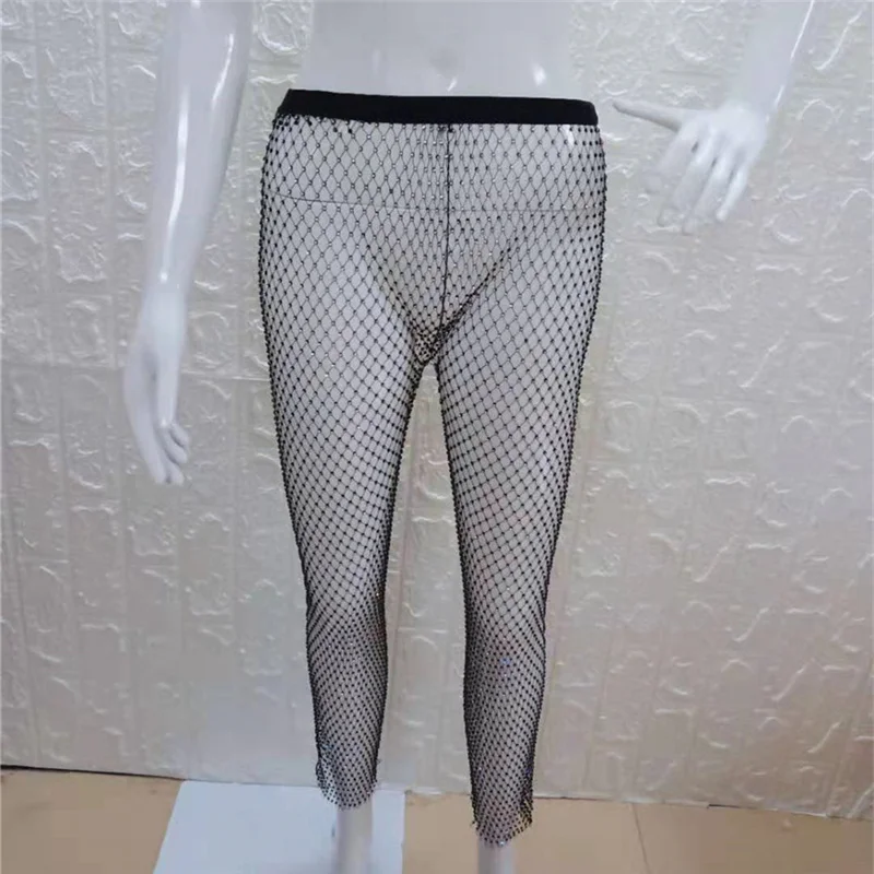 Пикантные брюки в сетку с блестящими бриллиантами стразы прозрачные эластичной