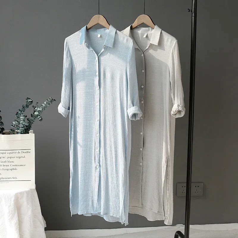 Летние Длинные Серые женская рубашка женские кардиганы из хлопка и льна