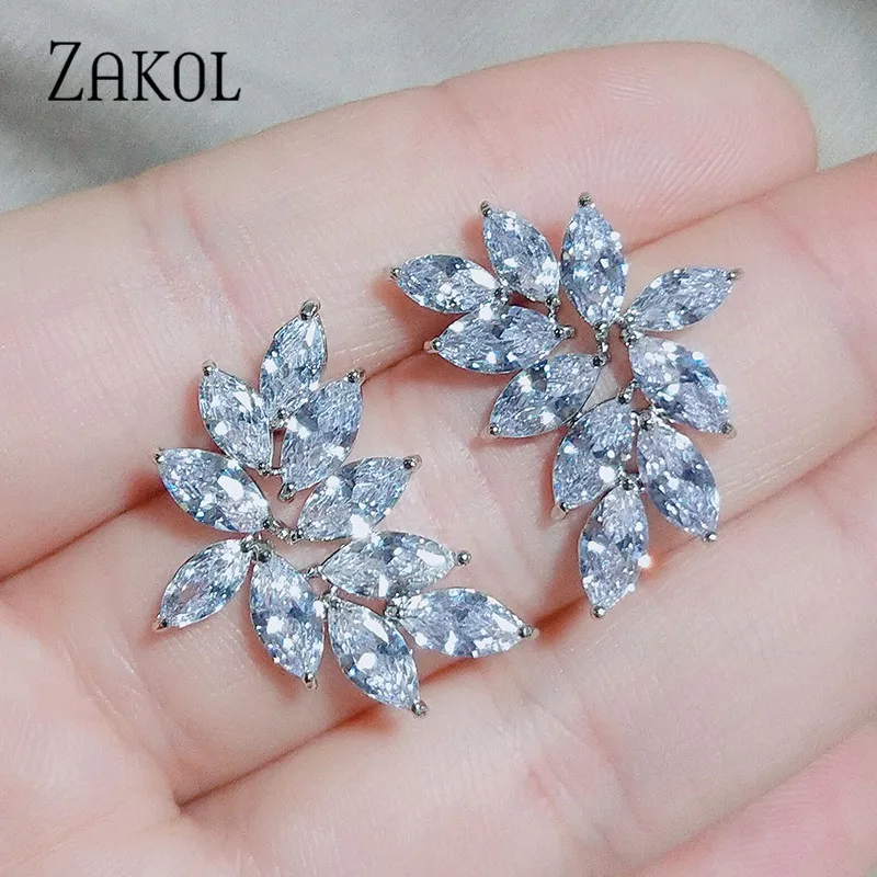 ZAKOL модные AAA кубический циркон цветок Форма, серьги со шпилькой, для Для женщин популярные лист украшения на день рождения, свадьбу подарок FSEP2233