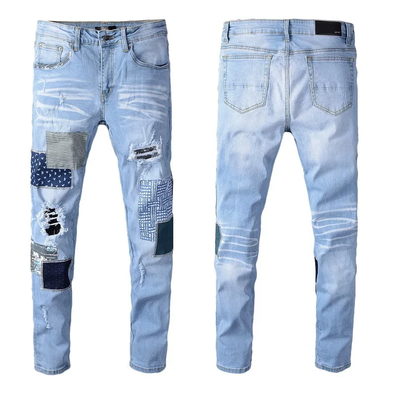 

2021 New AMI Men's Pants Knee Ripped Light Color Patchwork Slim Jeans For Men