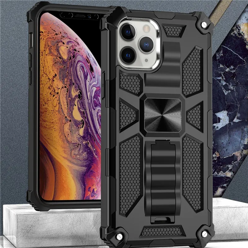 

Armor-Soporte de protección para teléfono móvil, funda trasera a prueba de golpes para iPhone 12 11 Pro Max X XR XS Max 7 8 Plus