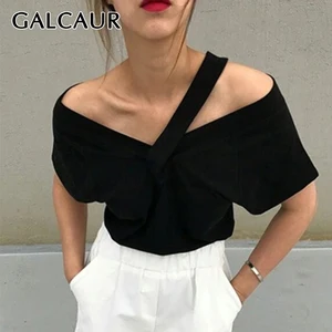 GALCAUR Black Hollow Out Casual T Shirt For Women V Neck Short Sleeve Solid Minimalist T Shirts Fema