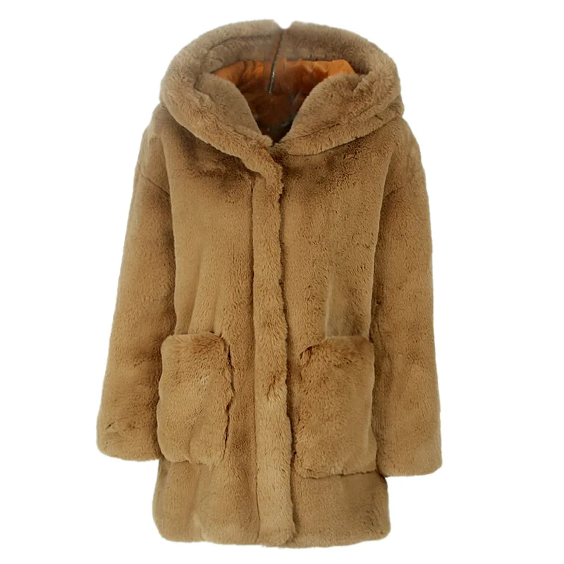 

Autumn Winter Mid-length Thickened Hooded Korean Fashion Teddy Bear Jacket Jacket Women Faux Fur Coat Covered Button