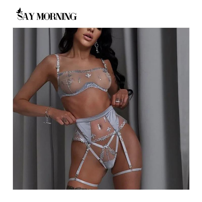 

SAY MORNING New Women Sexy Lace Eyelash Underwear Set Thin Transparent Lingerie Underwire Gather Bra And Thong Garter