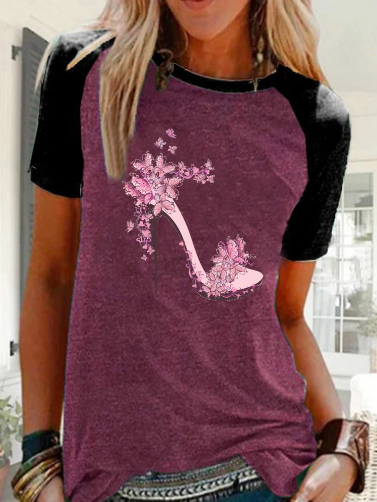 

Casual Women's Round Neck Plus Size T-Shirt Loose High-heeled Shoes Printed Blouse Crew Neck Fish Printed Short-sleeved Shirt To