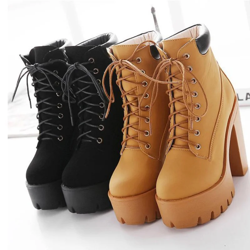 

New 2022 Platform Ankle Boots Women Autumn Lace Up Thick High Heel Ladies Woman Fashion Shoes Women's Casual Footwear High heels