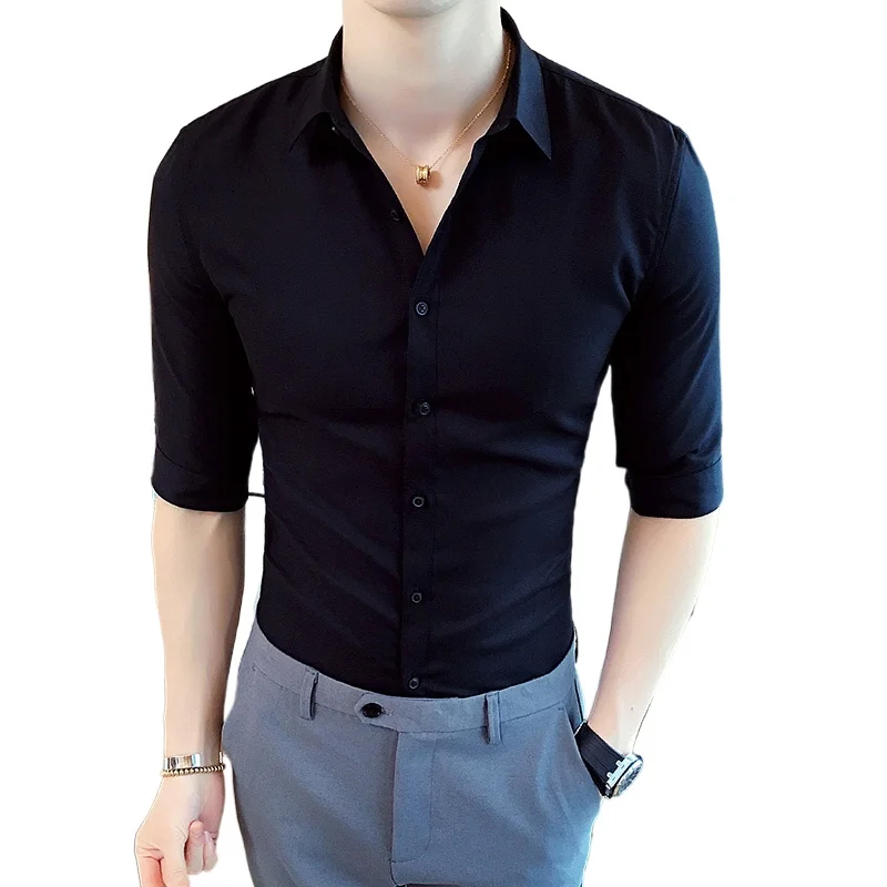 

Summer Men's Clothing Short-sleeved Shirt 2021 New Solid Color High-quality Fashion Men's Slim Three-quarter Sleeve White Shirt