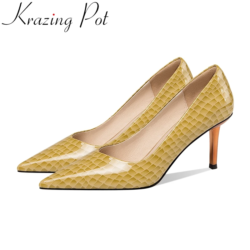 

Krazing Pot new arrivals fashion cow leather slip on pointed toe high heels concise spring shoes office lady women pumps L2f1