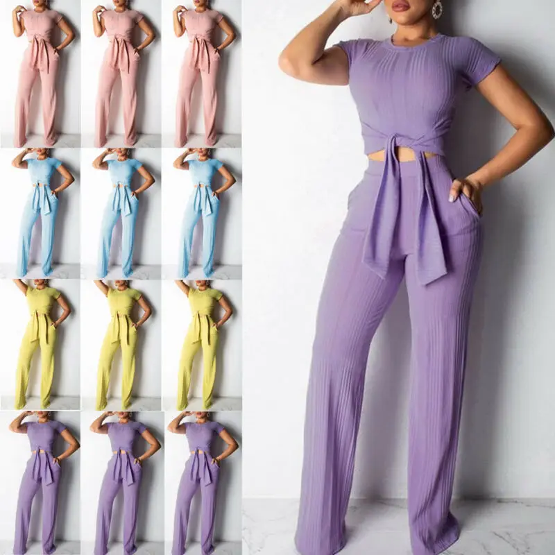 Женский комбинезон на шнуровке короткий топ с расклешенными штанами однотонный