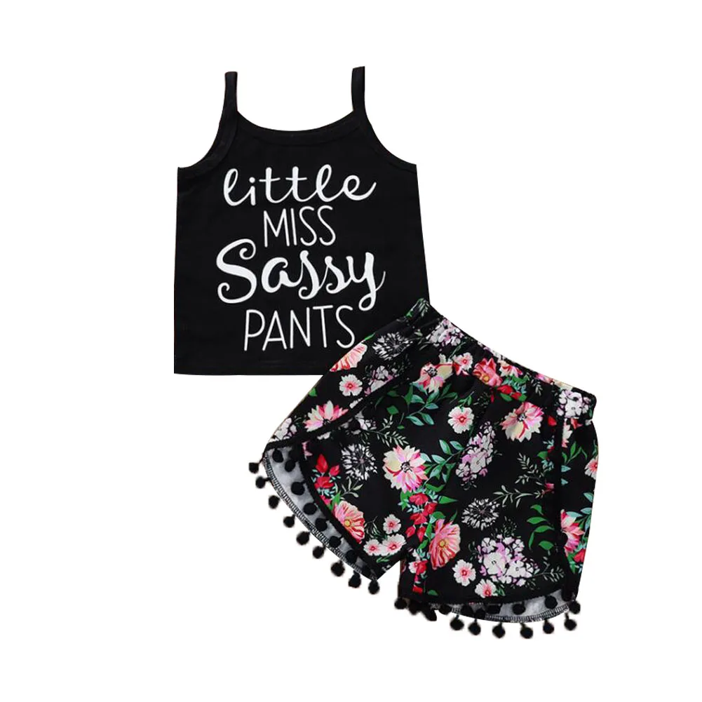 2 шт. Детская футболка с цветочным принтом и шорты бахромой|Комплекты одежды для