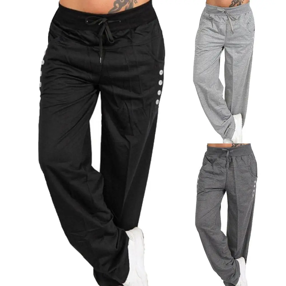 Женские прямые брюки на пуговицах однотонные хлопковые с эластичной резинкой