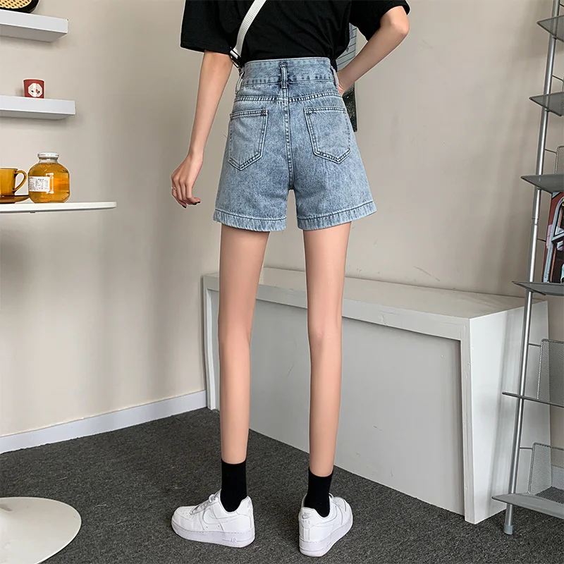 

2021 Summer New Love Embroidered Denim Shorts for Women Korean Style Slimming and All-Matching A- line Loose Wide-Leg Pants
