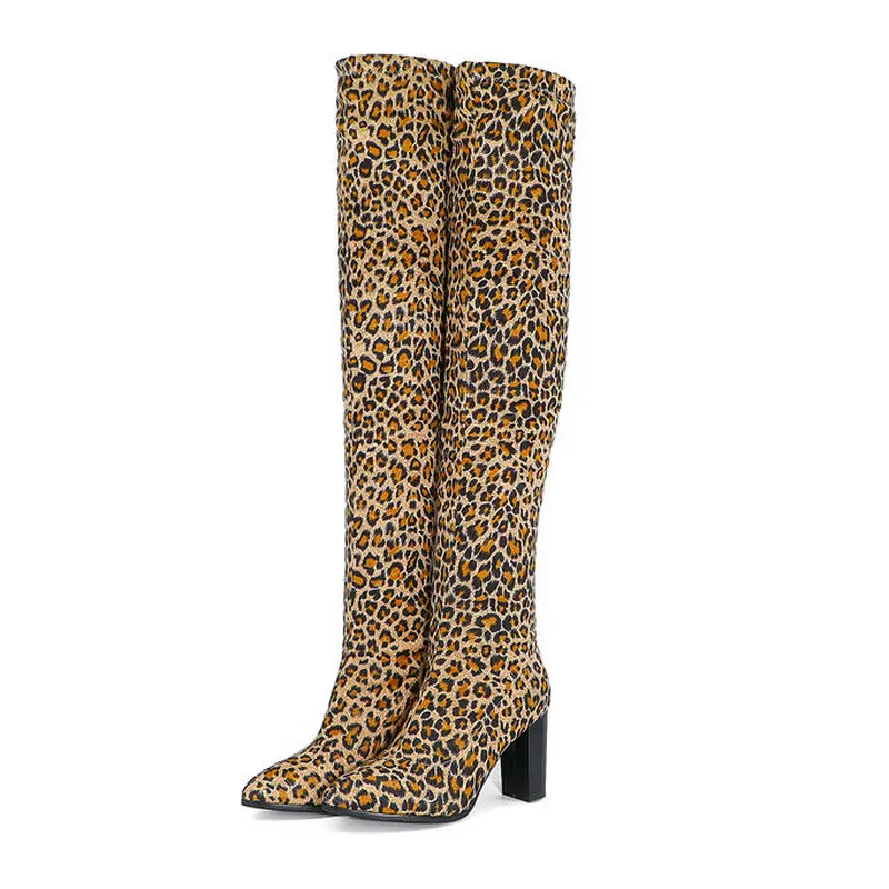 Женские ботфорты с острым носком черные синие винные Сапоги выше колена из флока