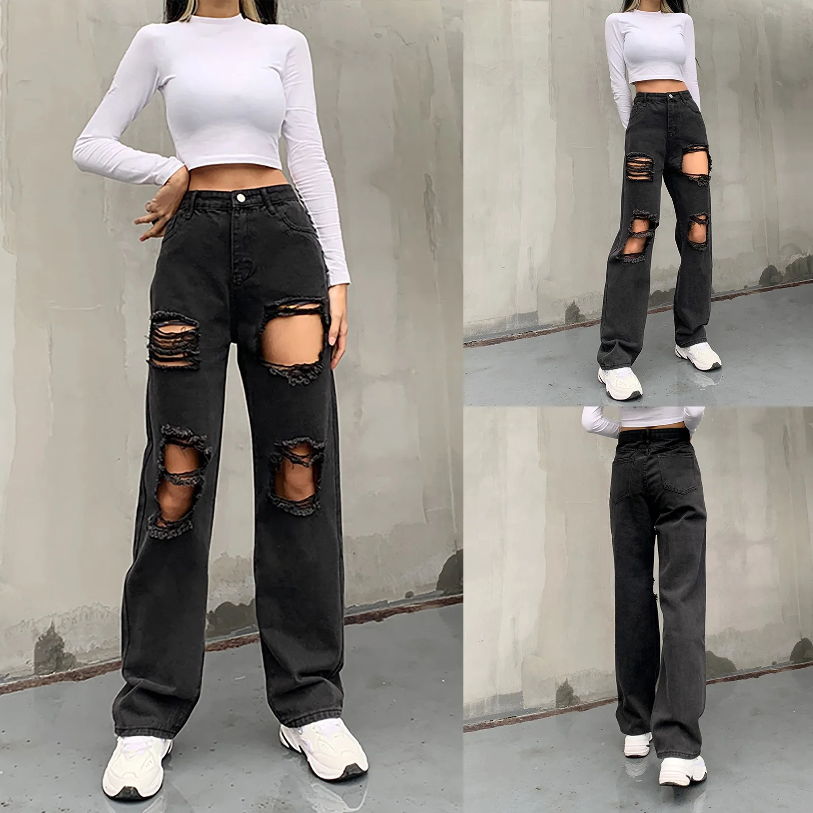 

2021 New High Waist Fashion Loose Ripped Jeans Solid Color Ripped Edge Straight Jeans Casual Vintage Wide Leg Jeans Trousers