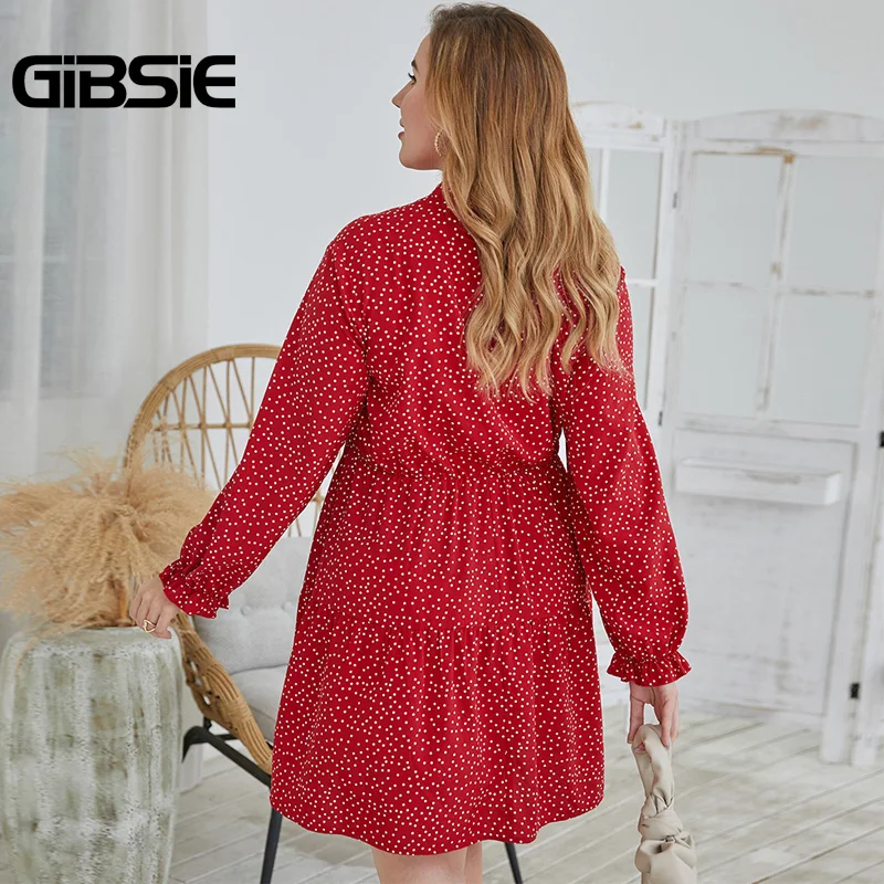 Женское платье в горошек GIBSIE размера плюс элегантное мини стиле ретро с длинным