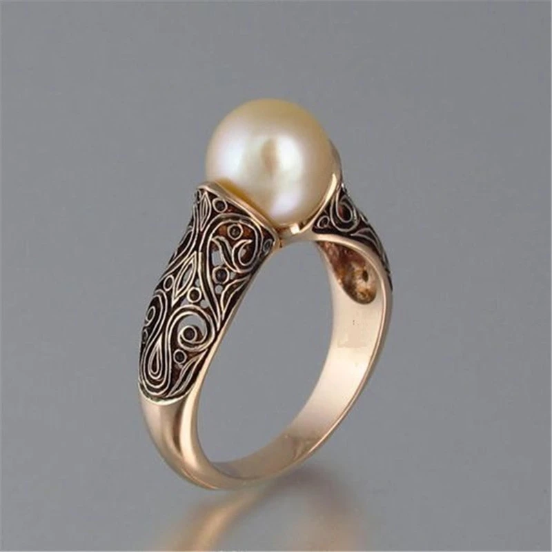 

Fashion Vintage Ring Sculpted Antique Gold Pearl Bride Wedding Engagement Rings