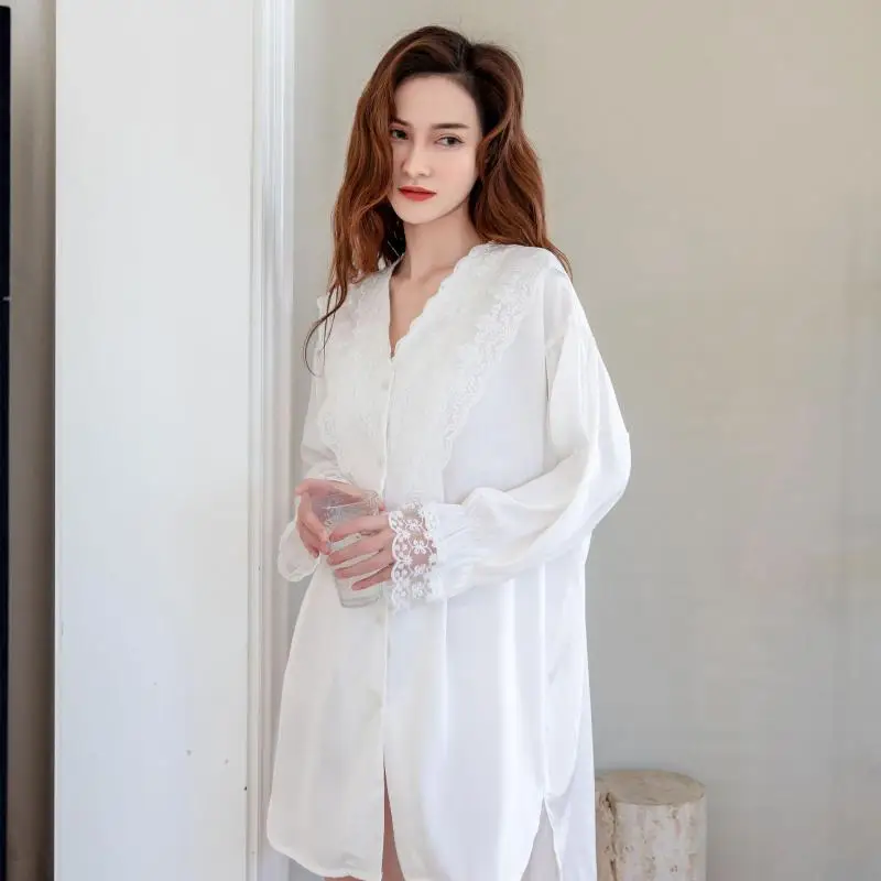 

Women Palace Style Lace Nightgown White spring Summer Nightdress Long Sleeve loose Sleepshirt Home Clothing Casual Nightwear