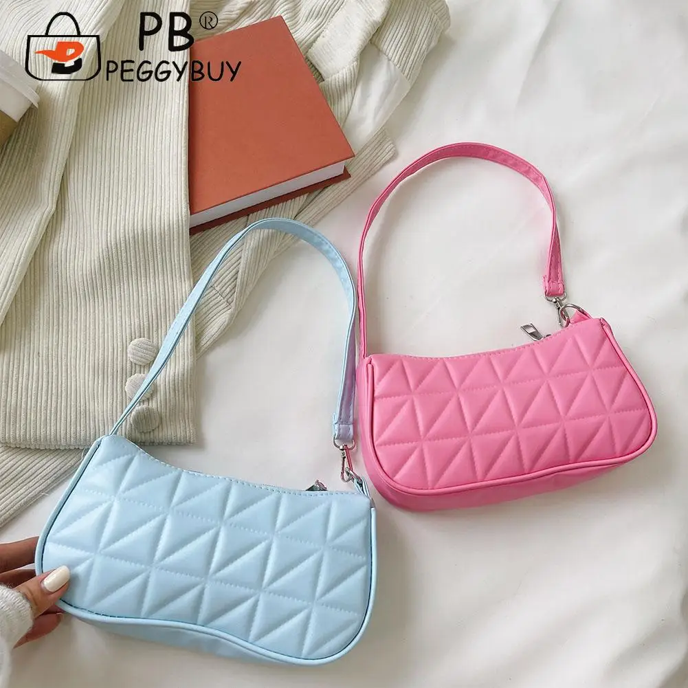 

Fashion Women Embossed Geometric Checker Shoulder Underarm Bag Portable Solid Color PU Leather Travel Zipper Small Handbags